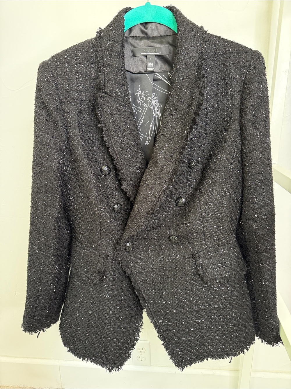 White House Black Market Black Bouclé Tweed Double Breasted Blazer Size 4 NWOT
